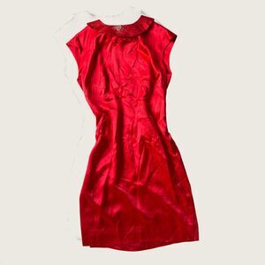 Vintage Red Satin Sleeveless Dress w/ Brocade Mandarin Collar Cocktail Holiday
